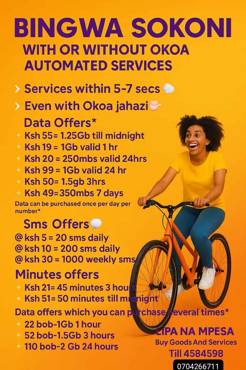 Frannco__'s tweet photo. Buy Bingwa Sokoni even with okoa
🍁1.25gb till midnight@ 55
🍁Sh50=1.5GB,3hrs 
🍁Sh19=1GB,1hr
🍁Sh20=250MB,24hr
🍁Sh99=1GB,24hr
🍁 Sh 21 = 45mins,3hrs 
🍁Sh 51= 51 minutes till midnight
Buy Good Till 4584598

We the people wednesday is wednesday Nairobi CBD Thika Road Town JKIA https://t.co/W5FZd5CAJ6