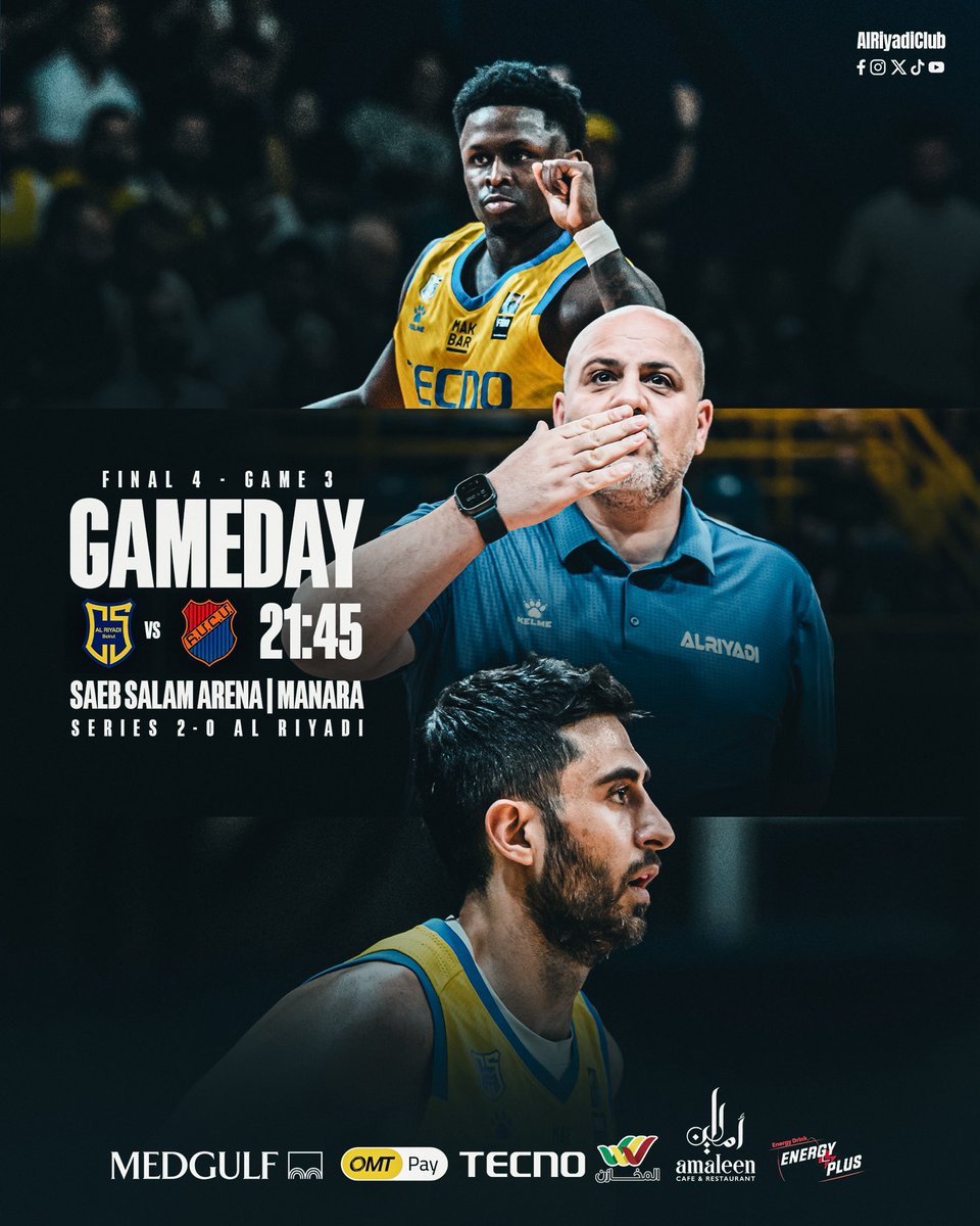 GAME DAY ⛹️ !!!
🏀 Al Riyadi v/s Homenetmen 
🏆 Lebanese League Final 4
📍 Saeb Salam Arena
⏲️ 21:45 🇱🇧
📺 MTV | MTV YouTube