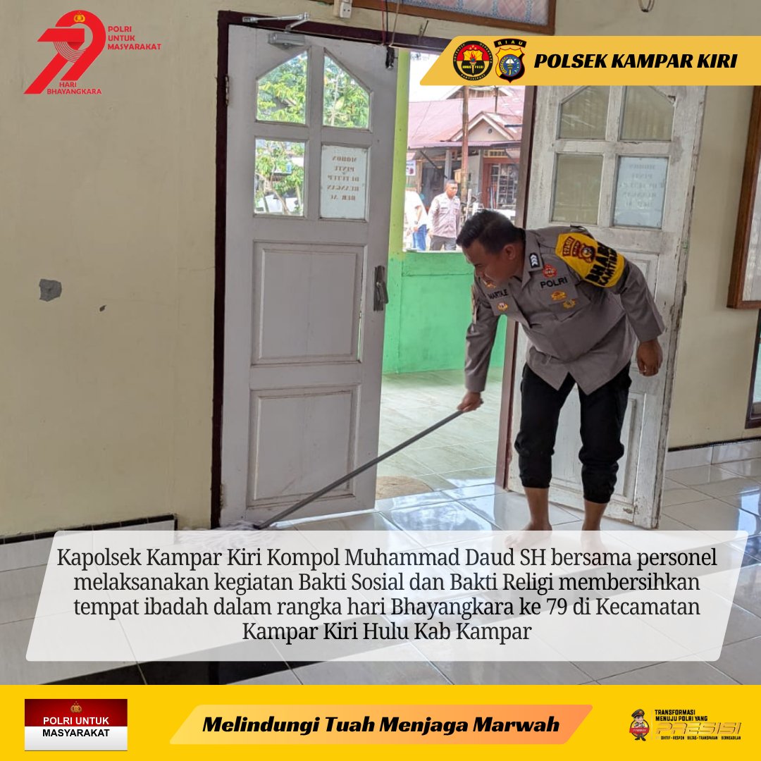 polsekkk24's tweet photo. Polsek Kampar Kiri melaksanakan Bakti Sosial dan Bakti Religi di Masjid Al Barokah Desa Gema Kec Kampar Kiri Hulu dalam rangka Hari Bhayangkara ke 79.
@herryheryawan 
@jossykusumo_92 
@andi.cakra09 
@polres_kampar 
@humaspolda_riau 
@divisihumaspolri 
#melindungituahmenjagamarwah https://t.co/QCsOsOGGdq