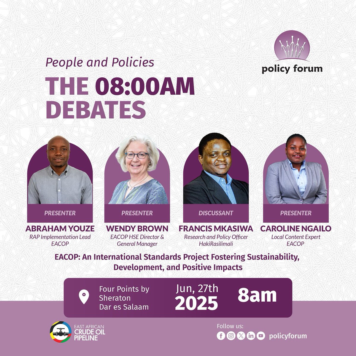 In collaboration with EACOP, PF warmly welcomes you to attend the Breakfast Debate. 
📍Four Points by Sheraton Dar es Salaam
⏰ 8:00am to 10:00am
🗓️ 27 June 2025
#PolicyForumBD
You can attend virtually through youtube.com/live/QOzG4JXqW…