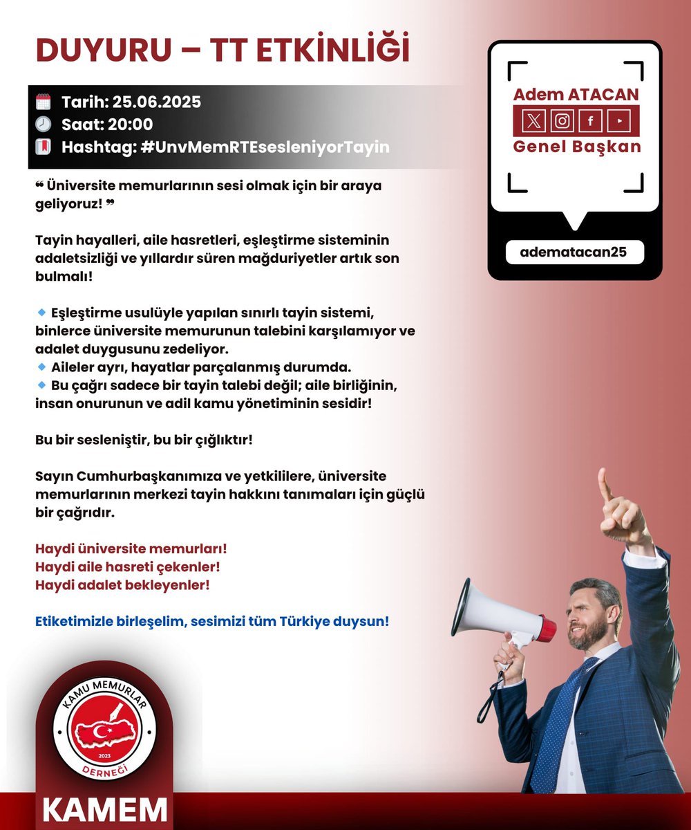 YÖK BAŞKANLIĞINA BAĞLI:
“Personel Genel Müdürlüğü”nün kurulması,

Merkezi ve puan sistemine dayalı:
takvim yılına bağlanmış bir “Tayin Yönetmeliği” için sayın Cumhurbaşkanımız <a href="/RTErdogan/">Recep Tayyip Erdoğan</a> ’dan bir kez daha talep edip ve yüzbinlerce “Üniversite Memurlarının” sesini duyuracağız.