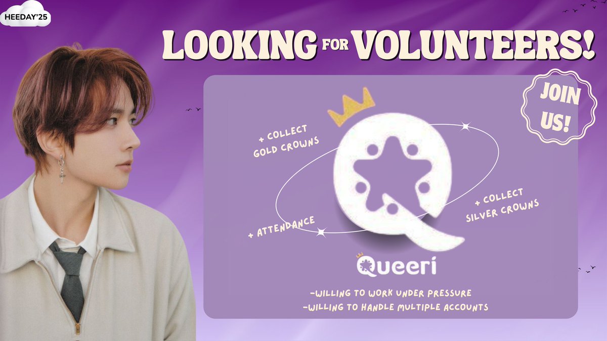 [QUEERI] LOOKING FOR VOLUNTEERS 🔍

We’ll be opening multiple birthday fan supports for HEESEUNG on Queeri app, and we need more people to help us complete them ASAP.

If you're willing to help, please comment your username below or DM us!

Everything will be provided, we just