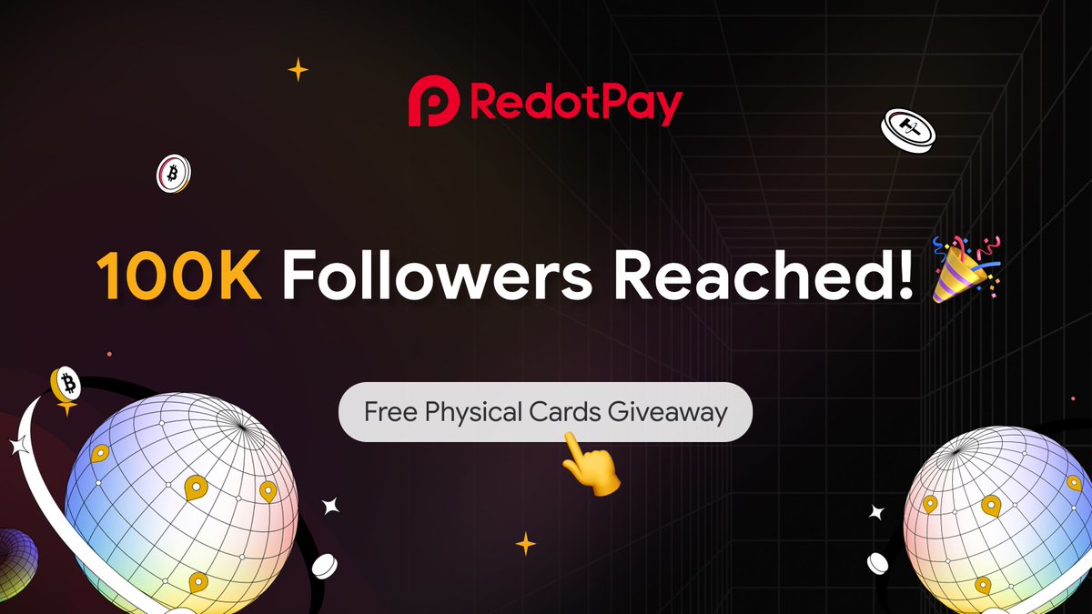 🎉 We’ve just hit an incredible milestone of 100,000 followers — and it’s all thanks to YOU. Let's Celebrate!

To show our appreciation, we’re giving away a free physical crypto card to 10 lucky winners!

Here’s how to join:
 1️⃣ Follow @Redotpay
 2️⃣ Like &amp; repost this post
 3️⃣