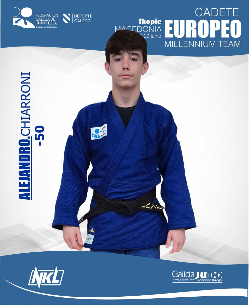 📢 EUROPEAN MILLENNIUM TEAM
Europeo Cadete. 🇪🇺
📍Skopie.  MACEDONIA 🇲🇰
⏰️ 26-29 junio
● 🥋 -50kg. ALEJANDRO CHIARRONI

<a href="/deportegal/">deportegal</a> 
@ufedega 
@dojo_quino
@judocgtd
@nklbudoshop
@adidascombatsports 

#ADIDAS #NKLADIDAS #TEAMADIDAS #ADIDASJudo #PoweredByAdidas