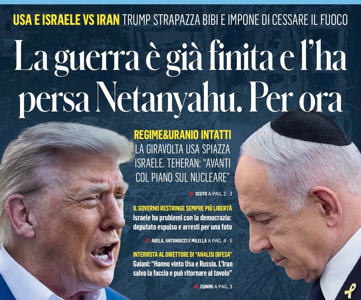 Doveva rovesciare il regime, che è sempre al suo posto; doveva radere al suolo l’uranio iraniano, che ha solo cambiato posto.
L'altro genio ha bombardato una montagna vuota!!
Intanto l’Idf, per non perdere il ritmo, ha ucciso 974 iraniani e ne ha feriti 3500. #Netanyahu #iran