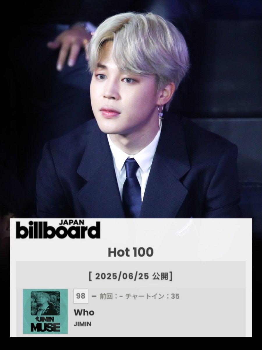 JIMIN_RECORD13's tweet photo. 지민의 "WHO"가 Billboard Japan Hot 100 차트에 98위로 재진입하며, 35주 차트인을 이루었습니다.

"WHO"는 BOA의 "Merry Chri" 이후, 해당 차트에서 35주를 보낸 최초이자 유일한 K팝 솔로곡입니다.

축하해요 지민 🎉 
Thank you Team Japan 🇯🇵

#Jimin_Who #Jimin_MUSE 
#JIMIN #지민 https://t.co/HGkjbuMjGJ