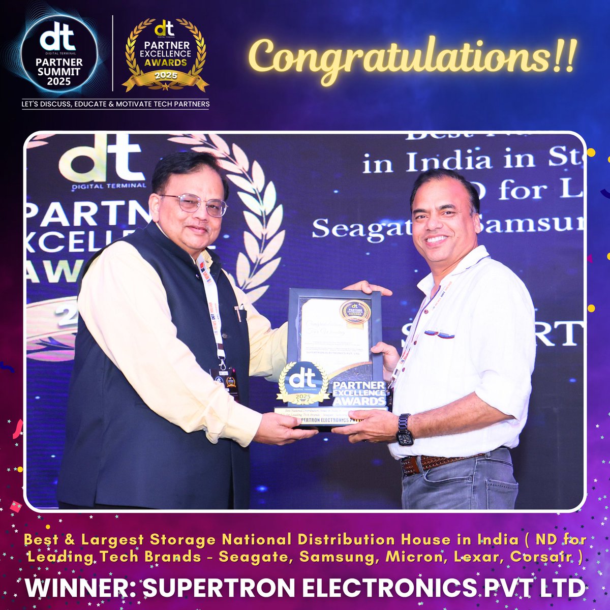 dterminalIN's tweet image. Many Congratulations to SUPERTRON ELECTRONICS PVT LTD on winning Best &amp;amp; Largest Storage National Distribution House in India ( ND for Leading Tech Brands) Award at the prestigious DT Partner Excellence Awards 2025! 

👉Click Here:
 youtube.com/live/PdLQm8qok…

#DTPS #DTPS2025