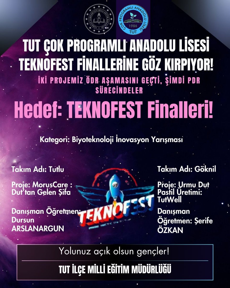Tut Çok Programlı Anadolu Lisesinden TEKNOFEST Başarısı🚀

Tut ilçemizden Tut Çok Programlı Anadolu Lisesi, teknoloji ve yenilik odaklı iki ayrı projeyle TEKNOFEST yarışmalarında önemli bir başarıya imza attı. Öğrencilerimiz tarafından hazırlanan projeler, Ön Değerlendirme Raporu