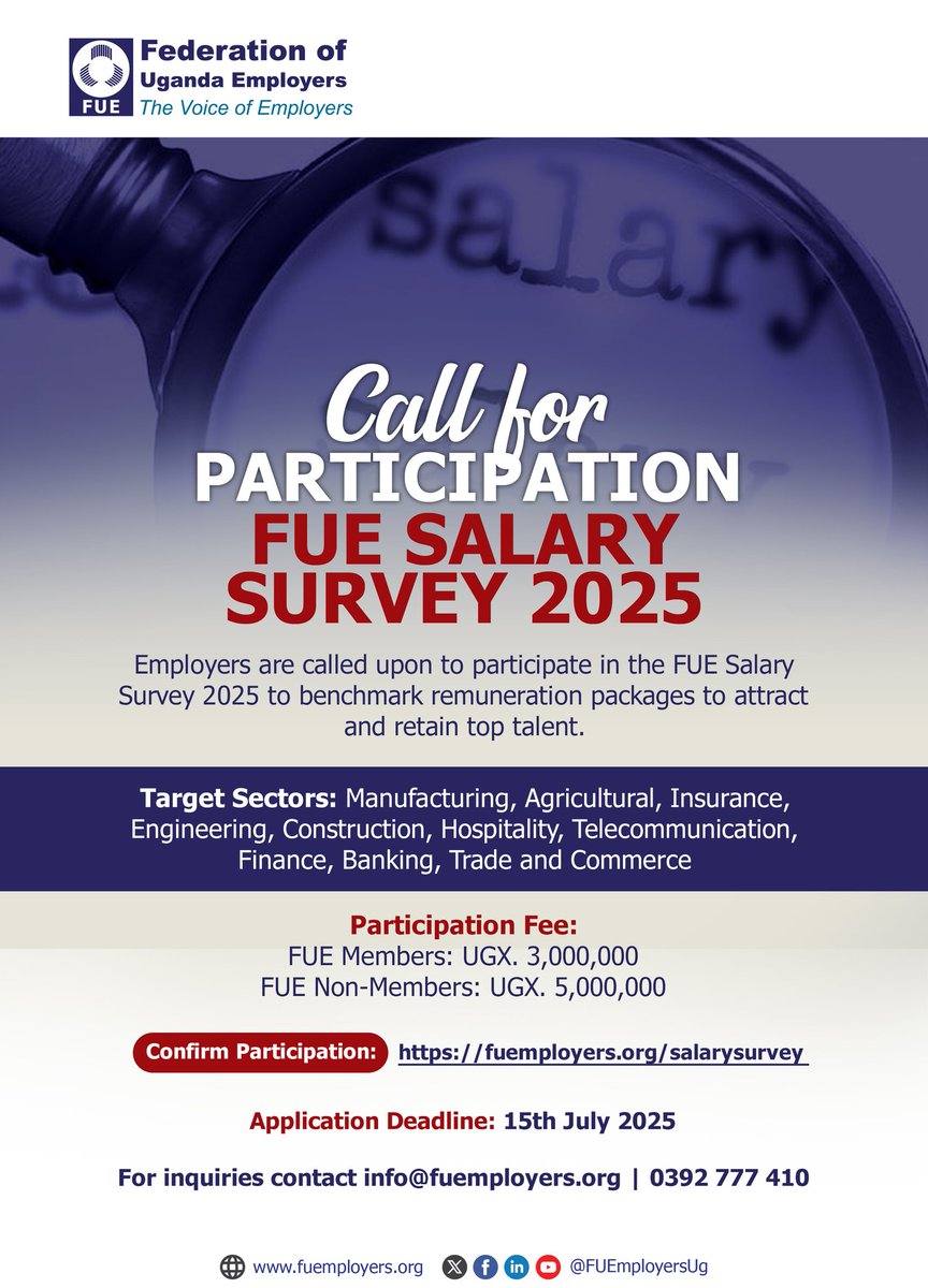 Salary surveys enable Employers develop performance-based pay systems to boost workforce productivity. Participate in the FUE Salary Survey 2025 for insights into compensation structures across various sectors of the economy. Confirm Participation today: fuemployers.org/salarysurvey