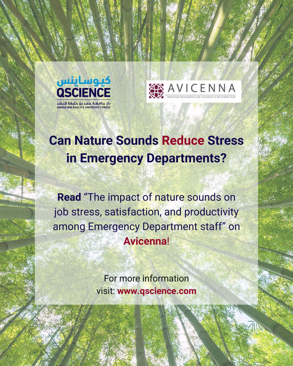 QScience's tweet photo. Can nature sounds reduce stress in emergency departments?
A fascinating study by Avicenna looks into how listening to nature sounds can ease job-related stress and even improve productivity for healthcare workers. The research shows that this easy, non-intrusive approach can help create a calmer atmosphere, especially in the hectic environment of emergency departments.
It’s a simple but powerful way to support well-being at work!
Curious to learn more? Check out the full study here:
https://t.co/JvtVq6hhe8