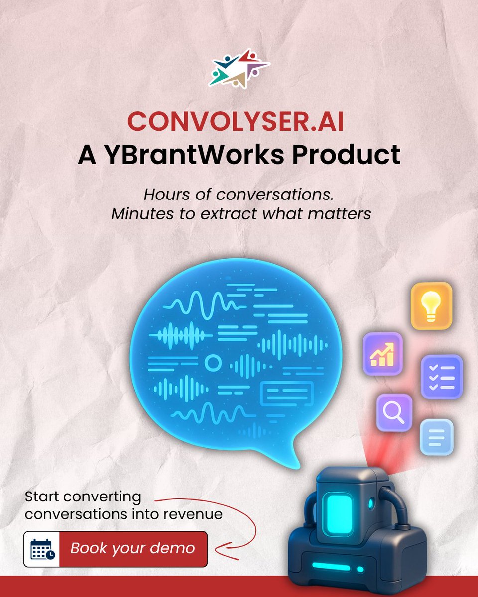 YBrantWorks's tweet photo. Stop burning hours listening and reading.
Start turning conversations into ROI.

Ready to let AI do the listening?
Book your live demo of CONVOLYSER and transform your calls into your smartest data asset.

#AI #ConversationalAI #CallInsights #SalesEnablement #CustomerSupport https://t.co/AVj2zHCWOp
