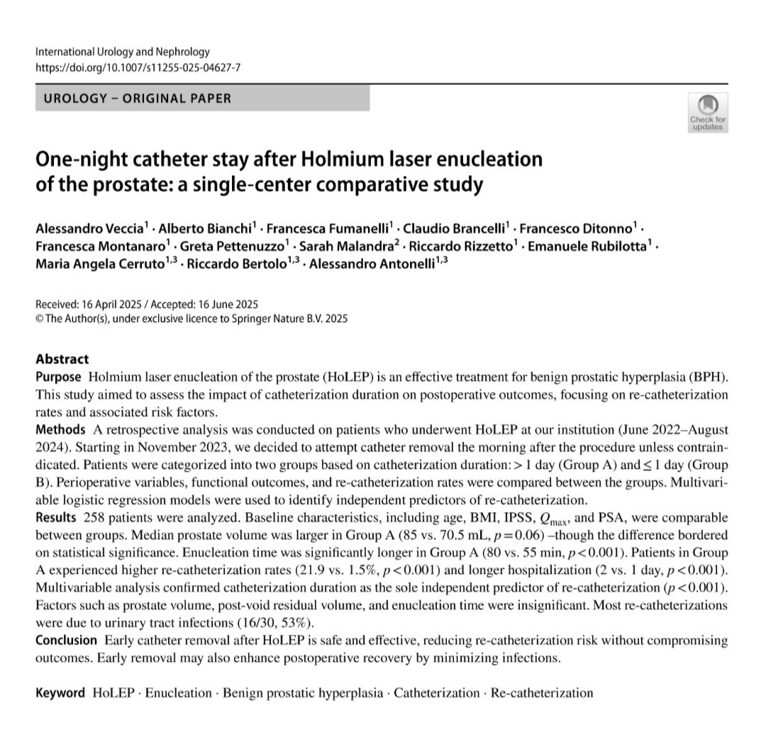 𝙍𝙞𝙘𝙘𝙖𝙧𝙙𝙤 𝘽𝙚𝙧𝙩𝙤𝙡𝙤 MD PhD (@ricbertolo) on Twitter photo <a href="/UniVerona/">Università di Verona</a> #urology team evaluation of 1-Night Catheterization Post-#HoLEP:
258 patients analyzed
📈 Higher re-catheterization in >1 day group (22% vs 1.5%)
🚫 Urinary tract infections major cause (53%)
✅ Early removal safe, reduces risks
🆓full-text rdcu.be/ethNO <a href="/UniVerona/">Università di Verona</a> #urology team evaluation of 1-Night Catheterization Post-#HoLEP:
258 patients analyzed
📈 Higher re-catheterization in >1 day group (22% vs 1.5%)
🚫 Urinary tract infections major cause (53%)
✅ Early removal safe, reduces risks
🆓full-text rdcu.be/ethNO
