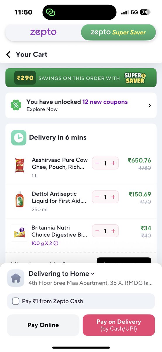 AmruthInd's tweet photo. @ZeptoNow @zeptocares @jagograhakjago Zepto super is absolute looting the customer by calculating wrong amount in the total. 
Items total was 834/- but at total amount they calculating 881/- 
What is this a day light cheating 
This is second time in week and it’s a SERIOUS ISSUE https://t.co/kxUmIkJ4NC