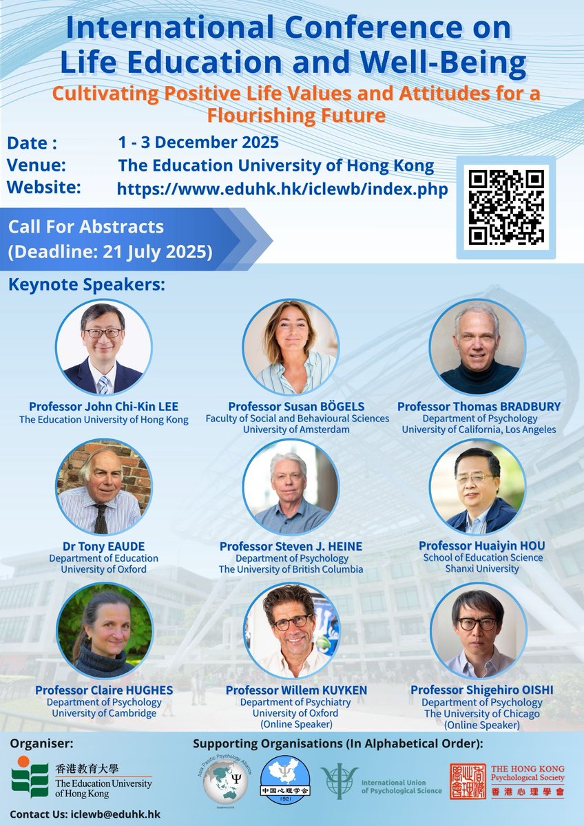 Call for Abstracts📢 is now open (Deadline: 21 Jul)! Be part of the International Conference on Life Education and Well-Being (ICLEWB) 2025 organised by our Department of Psychology.🌟
📅Date: 1-3 Dec 2025
📍Venue: The EdUHK Tai Po Campus
📝Theme: Cultivating Positive Life Values