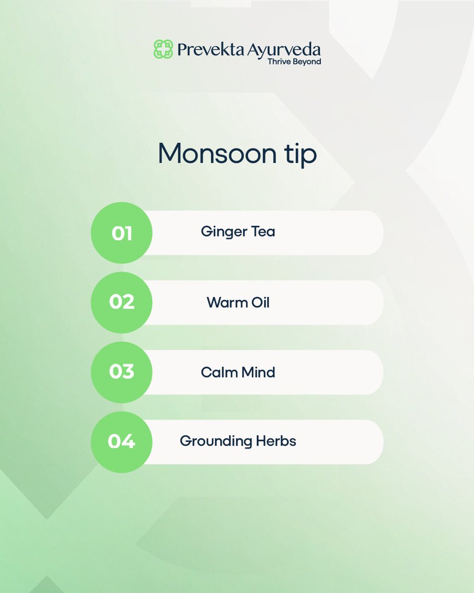 prevekta's tweet photo. Monsoon vibes, but make it Ayurvedic, Stay grounded and calm this season with these simple tips. Your body and mind will thank you.
#PrevektaAyurveda #MonsoonWellness #AyurvedicHealing  #HolisticLiving #AyurvedaTips #MonsoonCare  #NaturalHealing  #WellnessJourney https://t.co/IDxJGNvBOC
