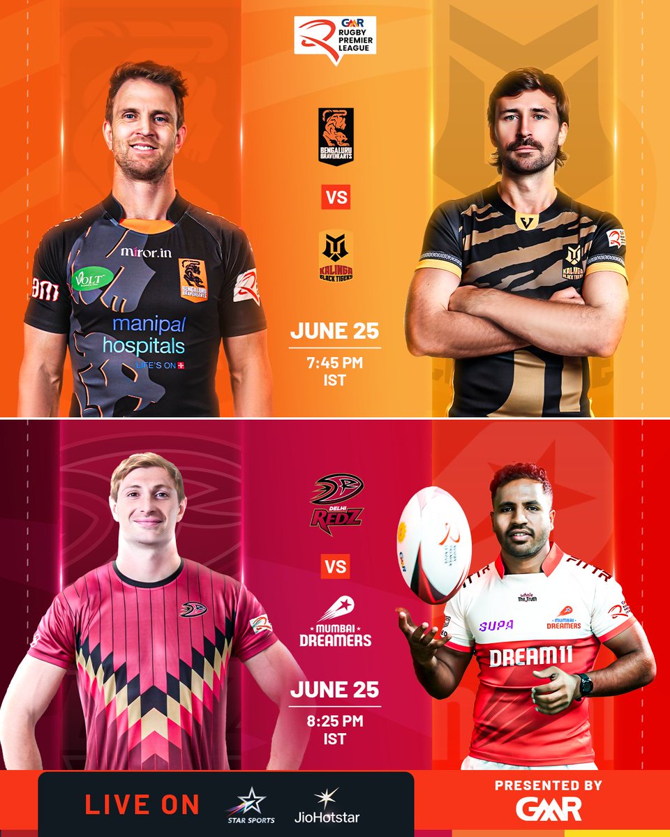 RPLIndia's tweet photo. 3 teams are in battle for the final 2 playoff spots tonight! 😍
Who will come out on top in #BBvKBT and #DRvMD?🤔
Catch the action from the #GMRRPL2025, LIVE! ➡ Only on Star Sports, JioHotstar & Rugby Pass TV 📺
#RugRugMeinRugby #RPL https://t.co/7kgR3PFtcc