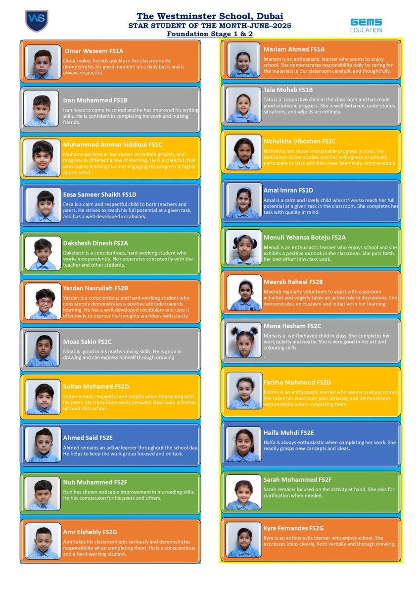 official_TWS's tweet image. Well done Star Students! Keep up the good work! – Primary Star Students for the month of June, 2025 (FS to Year 3).