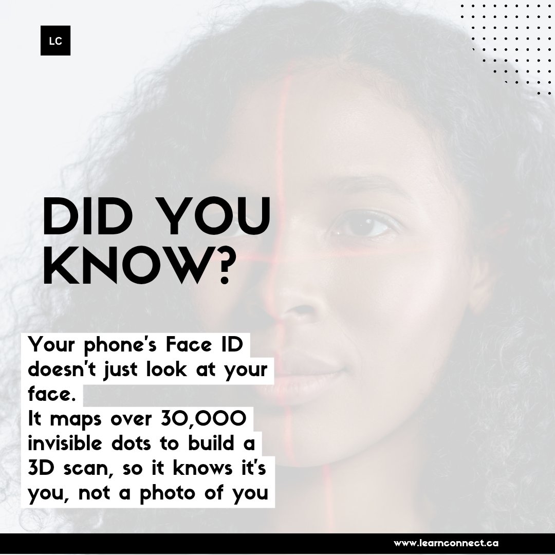 LearnConnect_'s tweet image. Face ID = more than just camera magic.
It uses infrared light and thousands of tiny points to create a 3D facial map and that’s how your phone tells the real you from a fake.
Tech is everywhere and the more you understand it, the more power you hold.
#LearnConnect #TechFunFact…