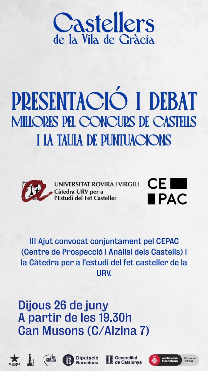 Demà a la tarda <a href="/CePACcastells/">CEPAC</a> i la càtedra per a l'estudi del fet casteller de la <a href="/universitatURV/">Universitat Rovira i Virgili</a> presentaran a Can Musons un recull fruit del III Ajut convocat per totes dues entitats.

#castells