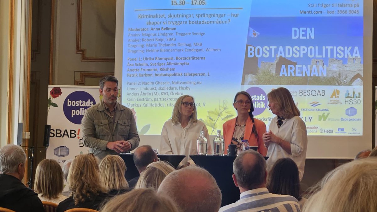 Diskussioner om hur man kan stävja kriminalitet i bostadsområden oavsett upplåtelseform. Ulrika Blomqvist, Bostadsrätterna, lyfte bland annat den nytillsatta utredningen som kan göra det lättare att säga upp bostadsrättshavare som begår brott. #bopol #Almedalen