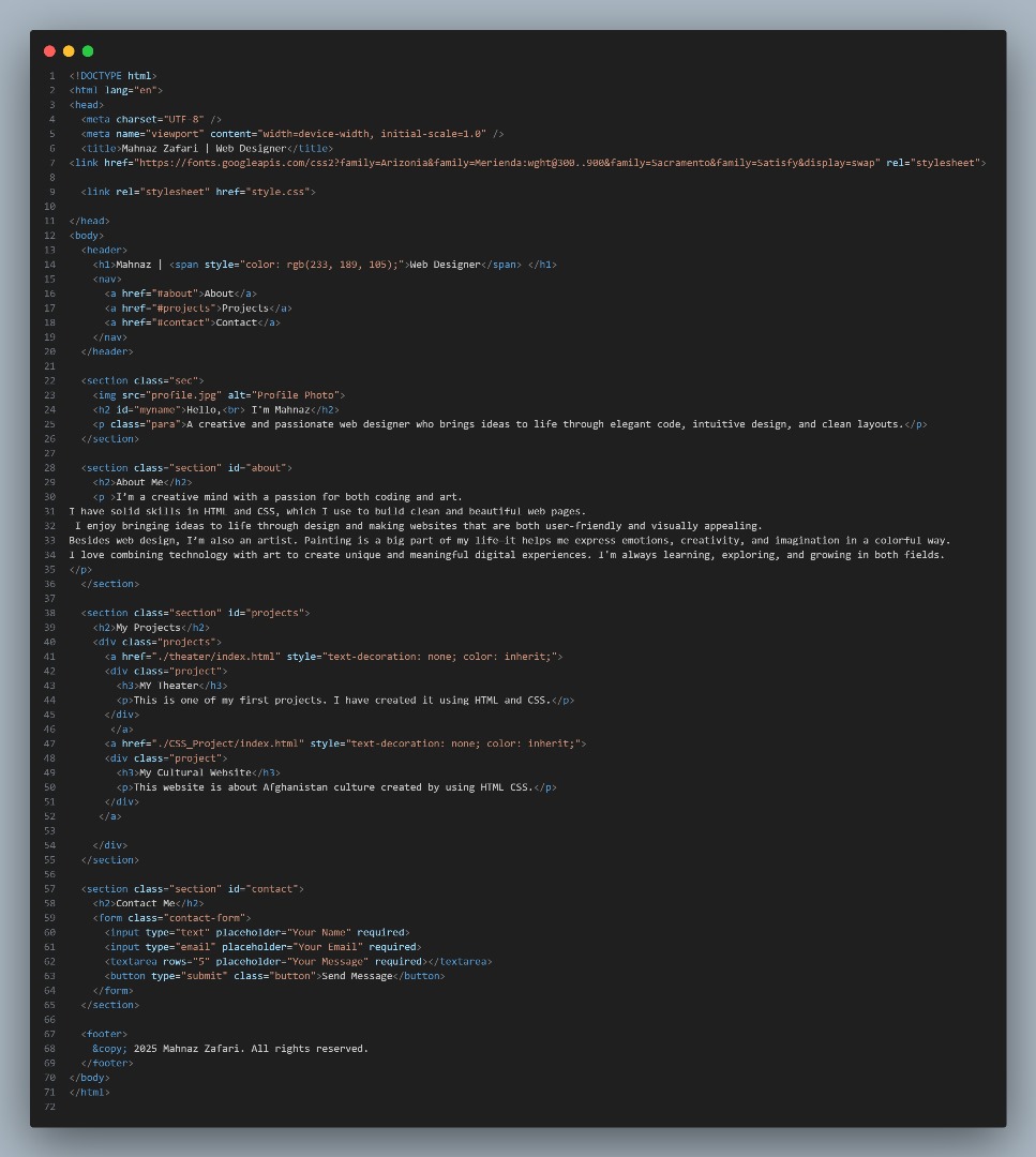 Mahnaz_Zafari's tweet image. From zero to my very first Personal Portfolio– built with HTML and CSS!!
This is just the beginning. 💻⭐
@Wajiha_Niazi
@f_forough
@CodeToInspire
#LearnCoding
#webdesigner #MyFirstPortfolio
#CodingJourney