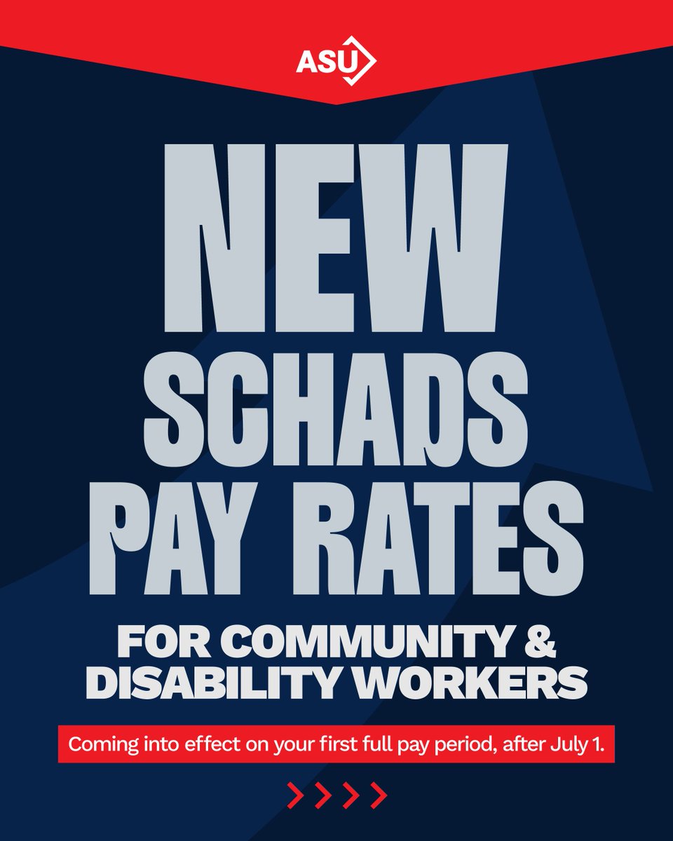 asu_nsw_act's tweet photo. Union members have secured a 3.5% pay rise for community and disability workers on the SCHADS Award.
Check your payslip from July 1 and reach out to the ASU to ensure you’re being paid correctly.
#SCHADSaward #PayRise #AnnualWageReview #DisabilityWorkers #CommunityWorkers https://t.co/Xf5nLmUu2A