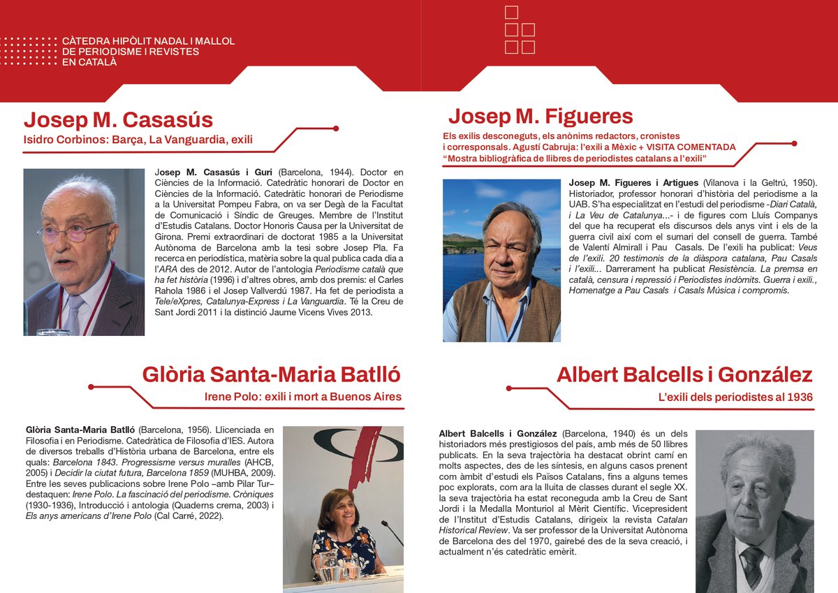 costalluis's tweet image. Aquest divendres al Port de la Selva la @CatedraHNadal  celebra la III Jornada Periodisme i Exili, amb la participació de Josep M. Casasús, Glòria Santa-Maria, Josep M. Figueres i Albert Balcells. Adjuntem informació perfils. @portdelaselva, @revistesAPPEC, @scc_iec, @univgirona