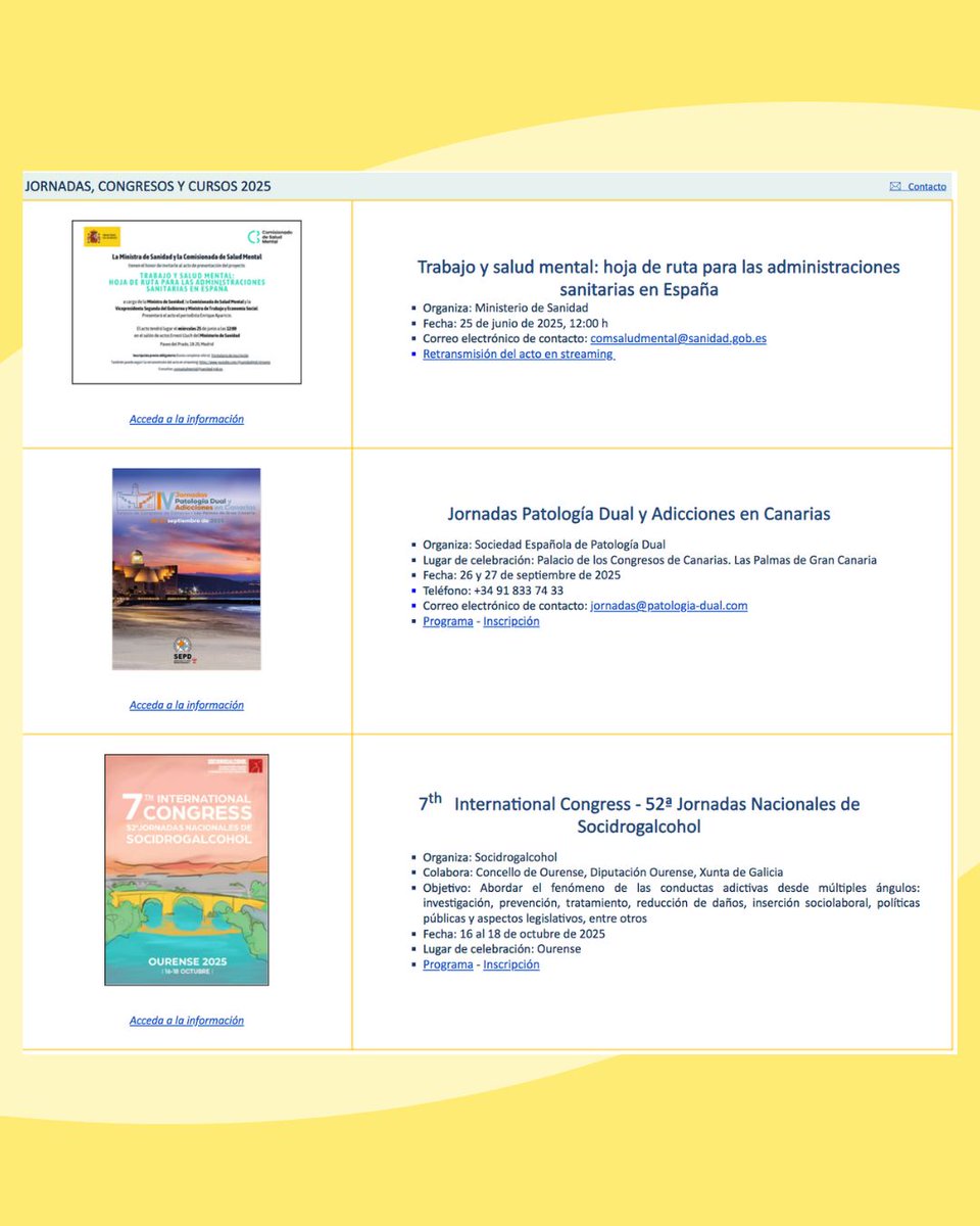 📆 Jornadas, congresos y cursos 2025. Consulta la agenda actualizada de eventos relacionados con la prevención, atención y estudio de las adicciones.  

#Adicciones #Prevención #Formación #SaludPública