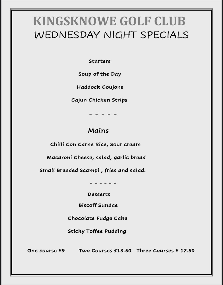 Reminder of this week’s Wednesday specials 

Served 5pm to 8.30pm
