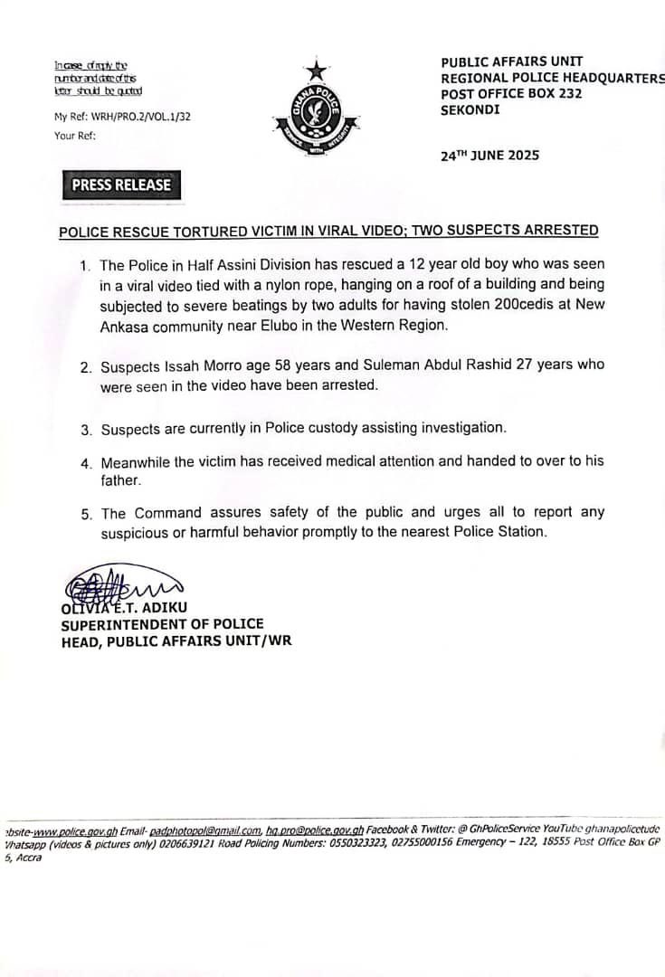The Ghana Police Service has apprehended two men following the circulation of a distressing video showing the abuse of a 12-year-old boy in New Ankasa near Elubo.

Read full story at Nkonkonsa.com