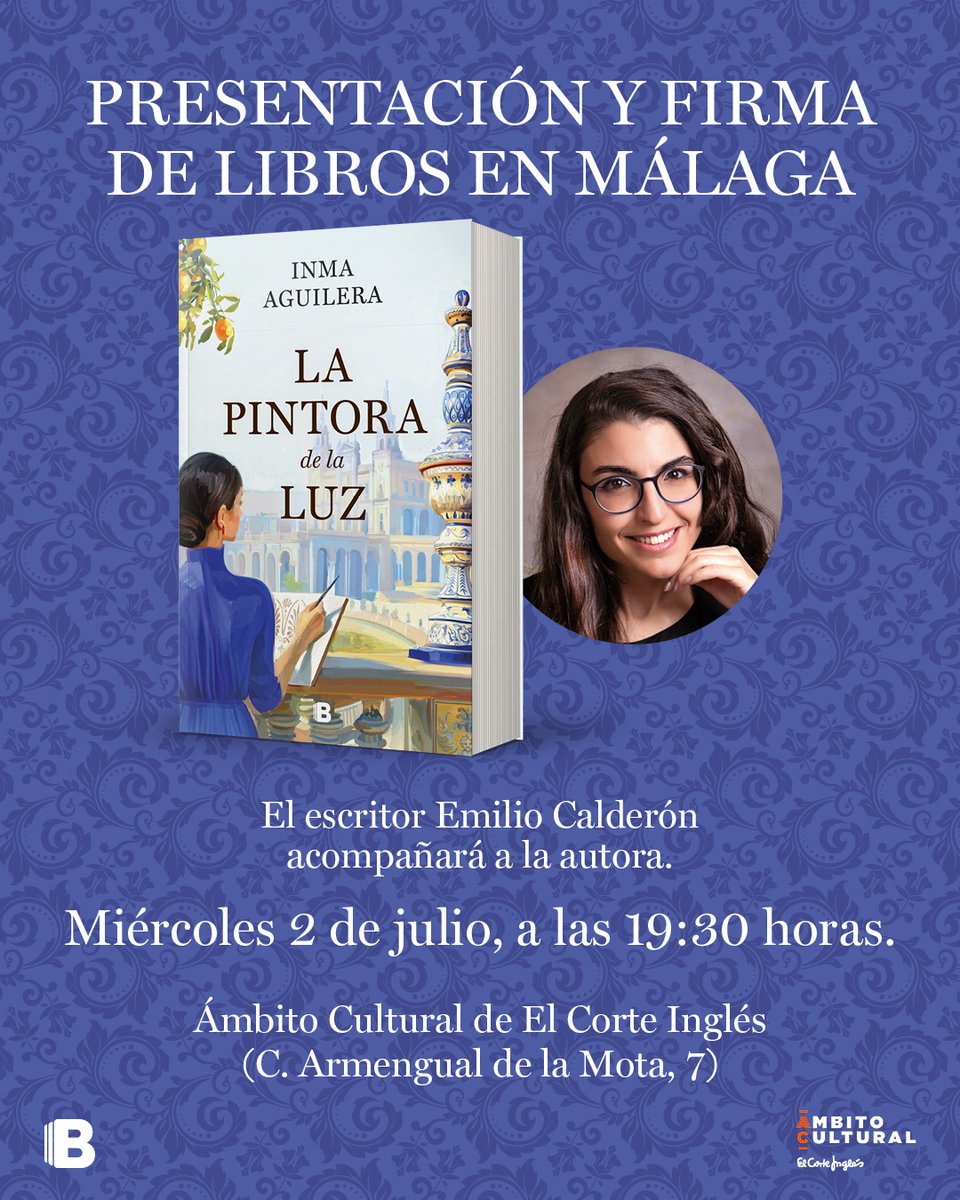 Inma Aguilera (@inmaaguilerag) on Twitter photo Malagueñ<a href="/s/">『S』</a>!!📢 El próximo miércoles 2 de julio a las 19:30 presentamos #Lapintoradelaluz <a href="/penguinlibros/">Penguin España 🐧📚</a> en <a href="/ambitocultural/">Ámbito Cultural</a> de <a href="/elcorteingles/">El Corte Inglés</a> de Málaga🤗💙
Me acompañará el escritor y mejor persona <a href="/EmilioCalderonM/">Emilio Calderón</a> y echaremos un ratito estupendo😁🙌💙
Os esperamos!🗓✍💙 Malagueñ<a href="/s/">『S』</a>!!📢 El próximo miércoles 2 de julio a las 19:30 presentamos #Lapintoradelaluz <a href="/penguinlibros/">Penguin España 🐧📚</a> en <a href="/ambitocultural/">Ámbito Cultural</a> de <a href="/elcorteingles/">El Corte Inglés</a> de Málaga🤗💙
Me acompañará el escritor y mejor persona <a href="/EmilioCalderonM/">Emilio Calderón</a> y echaremos un ratito estupendo😁🙌💙
Os esperamos!🗓✍💙