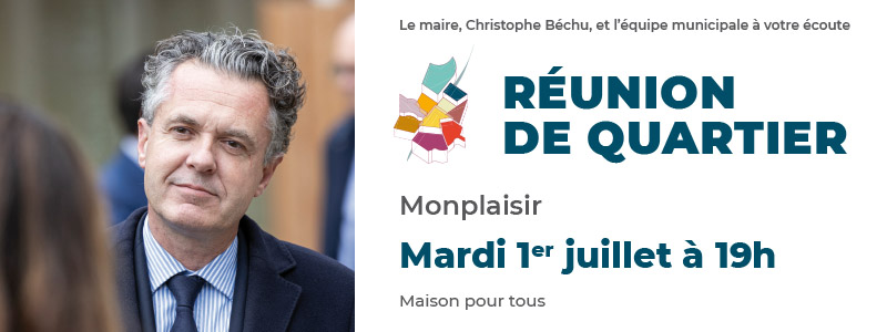 Les habitants de Monplaisir sont invités à une réunion publique avec le maire d'#Angers, Christophe Béchu, mardi 1er juillet. La réunion aura lieu à 19 h à la Maison pour tous (3 rue de l'Ecriture).