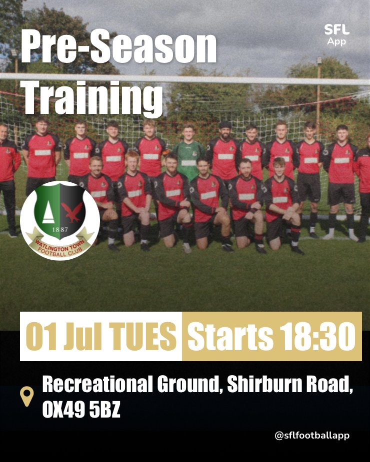 🏃 Pre Season Training 
🗓️ Tuesday 1st July
📍 18.30pm
⏰ Recreation Ground, Shirburn Road, OX49 5BZ
🍺 Bar Open Afterwards

All players new and old are welcome - see you there!