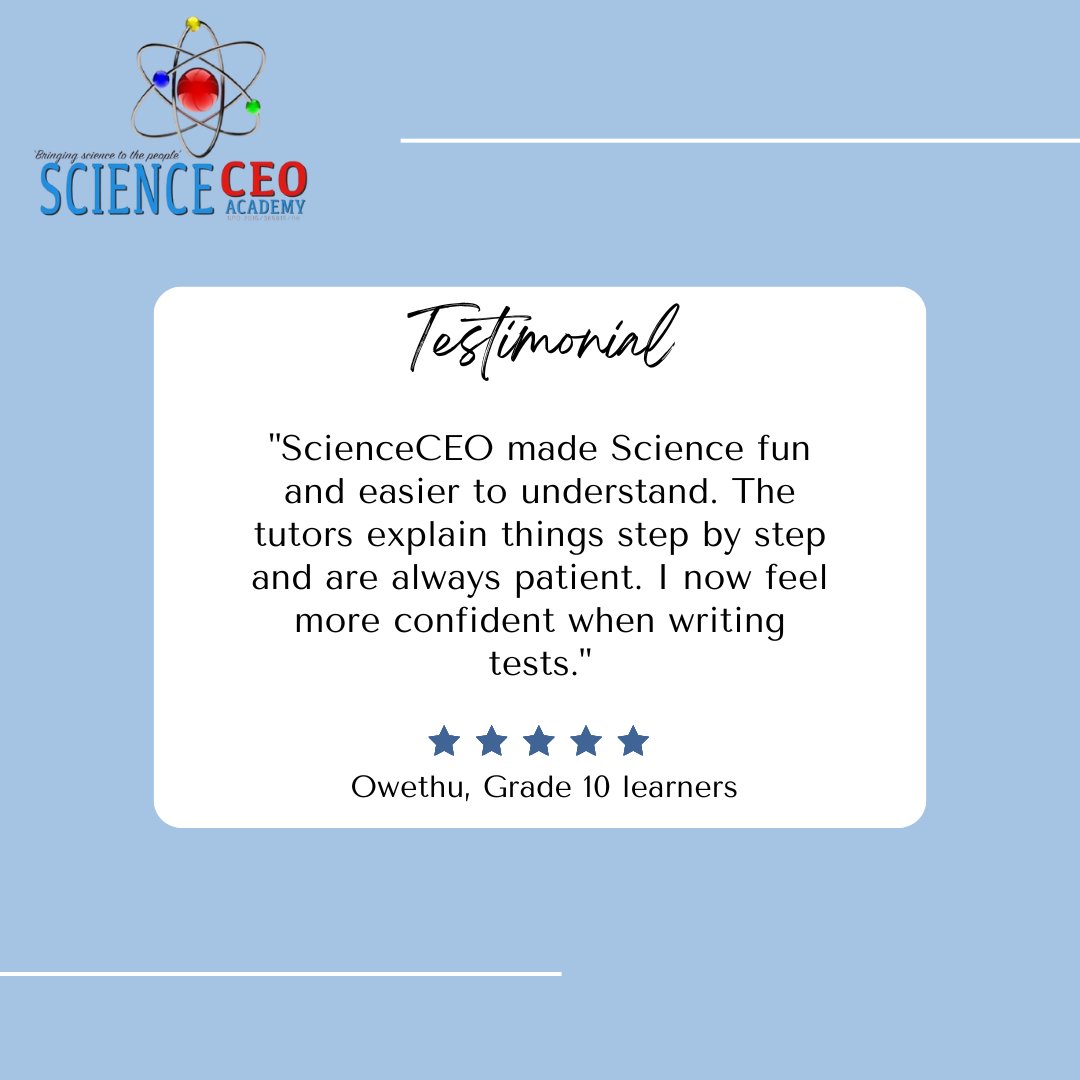 scienceceoacade's tweet photo. We’re proud to be part of Owethu’s learning journey! Empowering learners, one concept at a time. 
#ScienceMadeSimple #ScienceCEO #LearnerVoices #scienceceoacademy #doe #kzneducation #testimonial #dbe #STEMeducation https://t.co/k91f2ys4hX