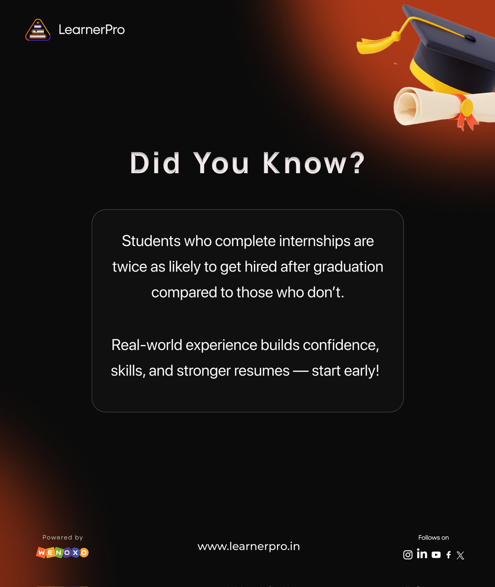 learnerPro2023's tweet image. 💼 Internships make a difference!
✨ Gain real-world exposure, boost your confidence, and build a strong resume — start early with LearnerPro.
📲 Visit: learnerpro.in
#learnerpro #internshipmatters #careerready #buildyourskills #studentlife #realworldexperience