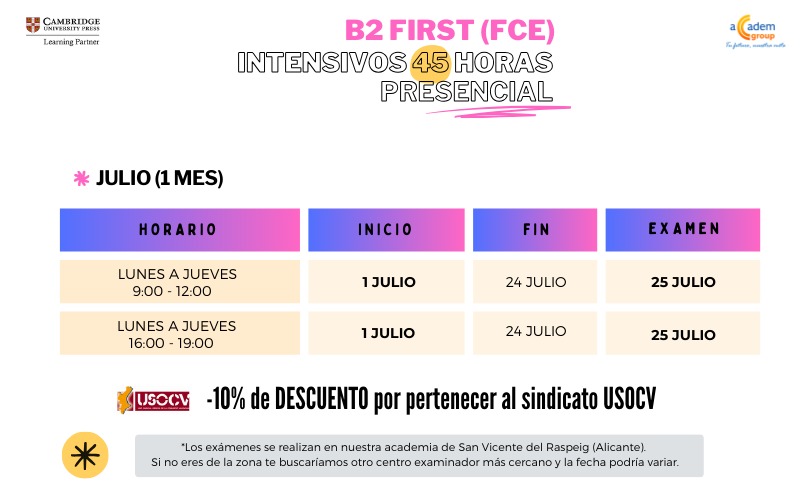 ACUERDO USOCV- ACCADEM GROUP DESCUENTO 10% AFILIADOS Gracias al acuerdo entre USOCV y aCCadem Group, nuestros afiliados pueden acceder con descuento a los cursos intensivos de inglés y valenciano, presenciales y online. Información: aCCadem Group 96567277