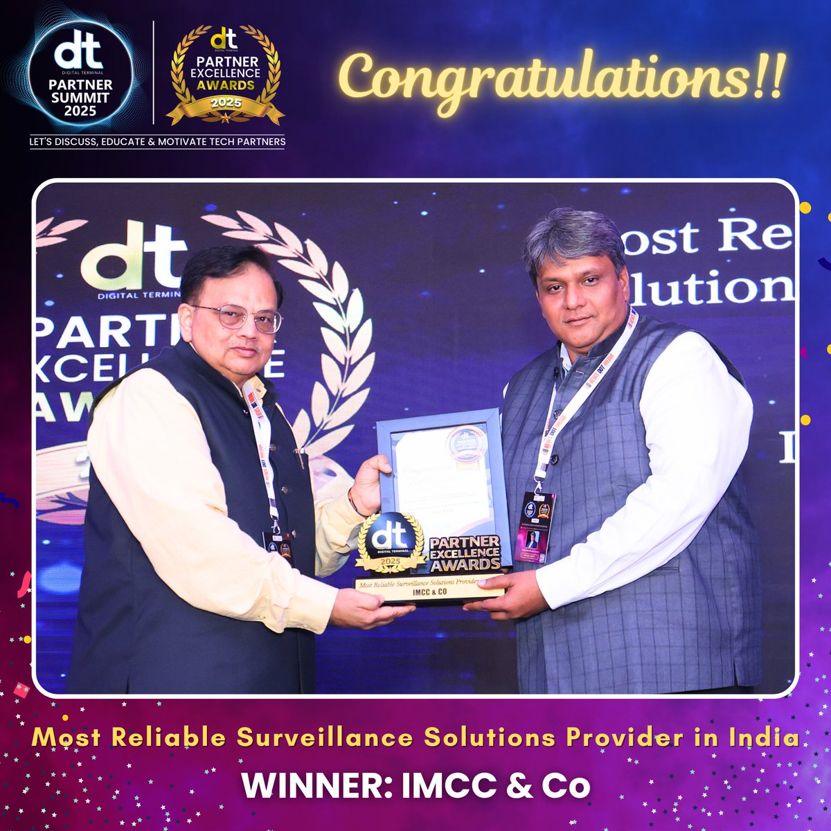 dterminalIN's tweet image. 🎉 Many Congratulations to IMCC &amp;amp; Co on winning Most Reliable Surveillance Solutions Provider in India Award at the prestigious DT Partner Excellence Awards 2025! 🏆👏

👉 Watch Complete DT Partner Summit 2025:
 youtube.com/live/PdLQm8qok…

#DTPS #DTPS2025