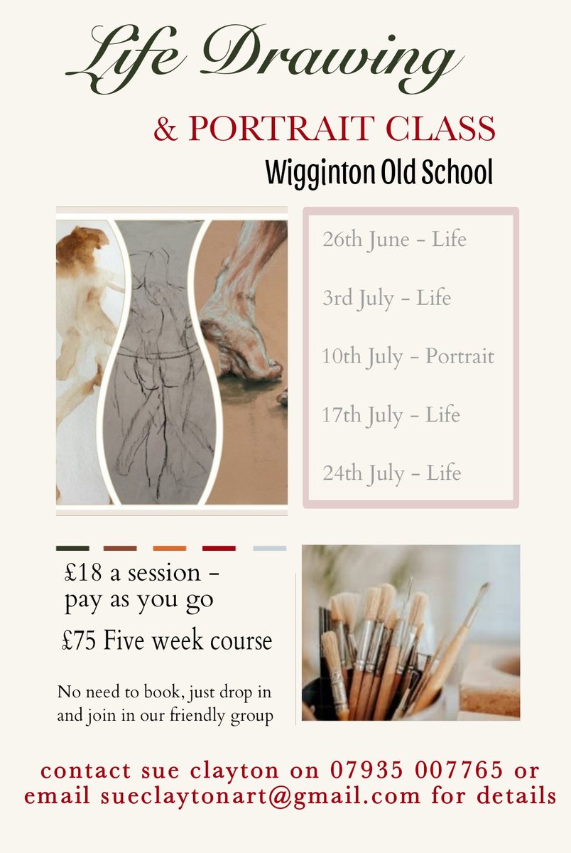 sueclaytonart's tweet image. Fancy trying Life Drawing or Portrait Painting working form a sitter? I now offer drop in sessions starting Thursday 26th June 1-3pm at Wigginton Old School. Relaxed, friendly class suitable for all levels.
Contact sueclaytonart@gmail.com or 07935 007765 if you need more details.