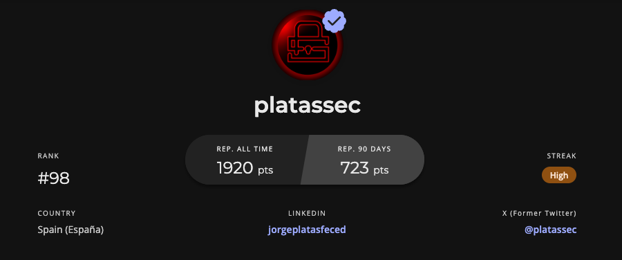 PlatasSec's tweet photo. I've officially entered the overall Top 100 (currently ranked #98) on the @intigriti Bug Bounty platform —  120+ valid vulnerabilities, and Top 1 in 3 private programs!

Looking forward to growing further &amp; climbing even higher in the rankings.

#BugBounty #Intigriti #hacking https://t.co/vUv793DX2I