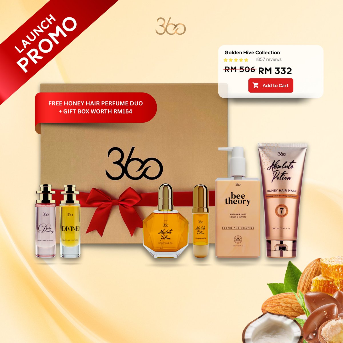 📣 Launching 27 June, it’s almost here!

Absolute Potion Honey Hair Oil (55ml): RM119
Golden Hive Collection: RM332 (RM506 value!)
Free perfume duo included + gift box!🐝

Want early access + surprise gift? Reply with “VIP” below🔐
