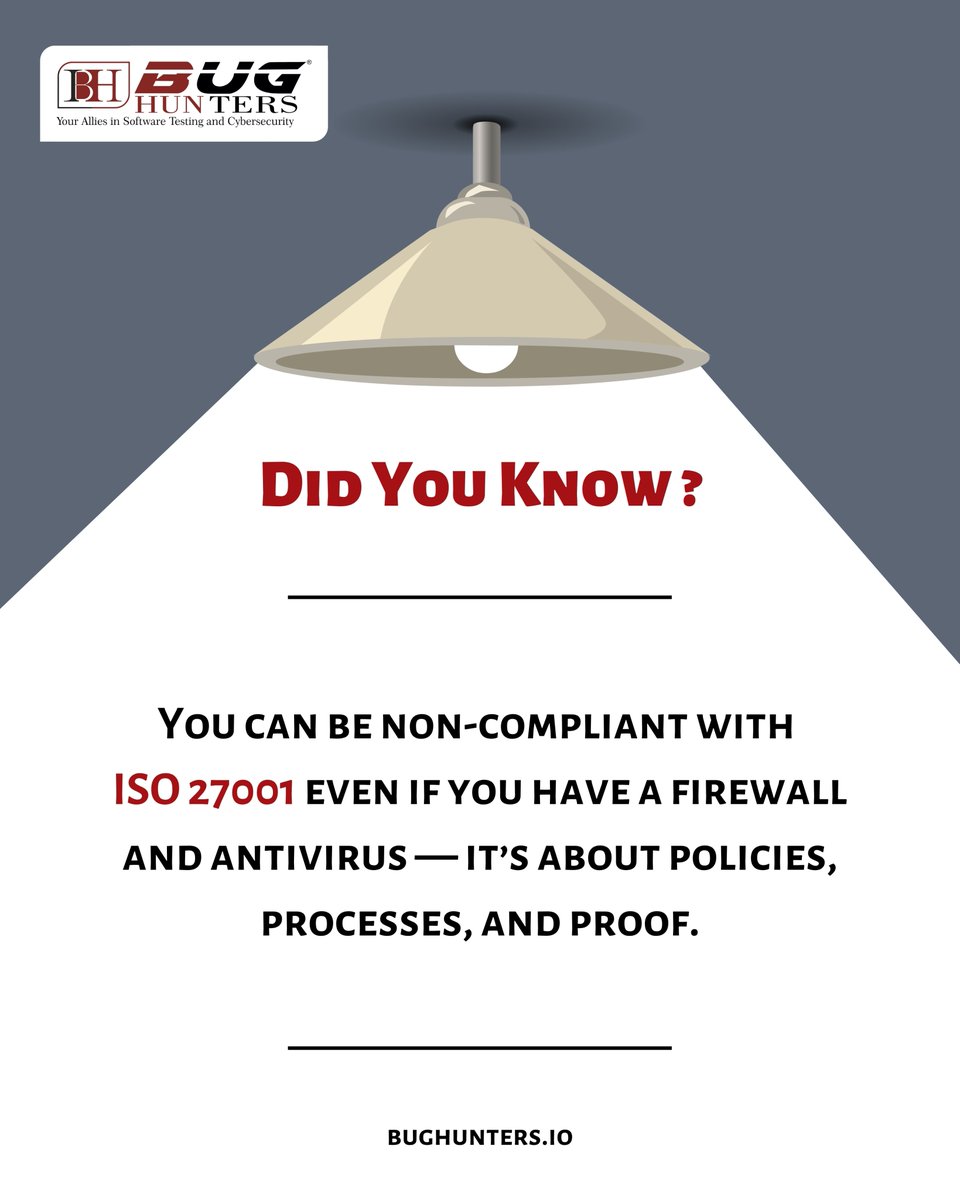 BugHuntersqa's tweet image. 🔎Did you know?
You can be non-compliant with ISO 27001 even if your security tools are in place.

📌Compliance isn’t just a checklist — it’s a mindset.
 🔐Bug Hunters® helps you bridge the gap between tools and trust.

Visit us: bughunters.io 

#ISO27001 #BugHunters