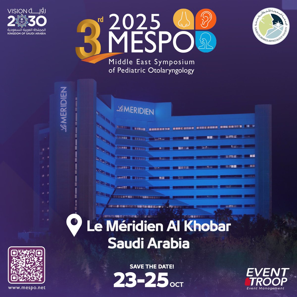 After a highly successful 2024 edition in Jeddah… the tournament continues! 🏆

This October, the 3rd edition of MESPO lands in Al Khobar — and it's set to be the biggest one yet 💜

Join us🔗👇
mespo.net

#ENT #otolaryngology #khobar #Pediatricent