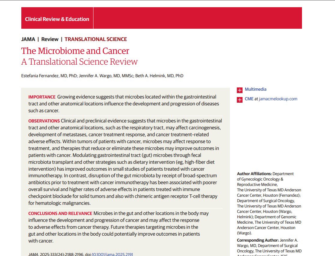 🦠 The gut isn’t just digestion, it’s defense.
Microbiome = hidden player in cancer care.
➡️ Shapes immunity, response, toxicity, survival.
🧪 Fiber, FMT, even bacteria-based drugs are in the game now.
#Cancer #Immunotherapy #Microbiome #Oncology #GutHealth <a href="/JAMA_current/">JAMA</a>