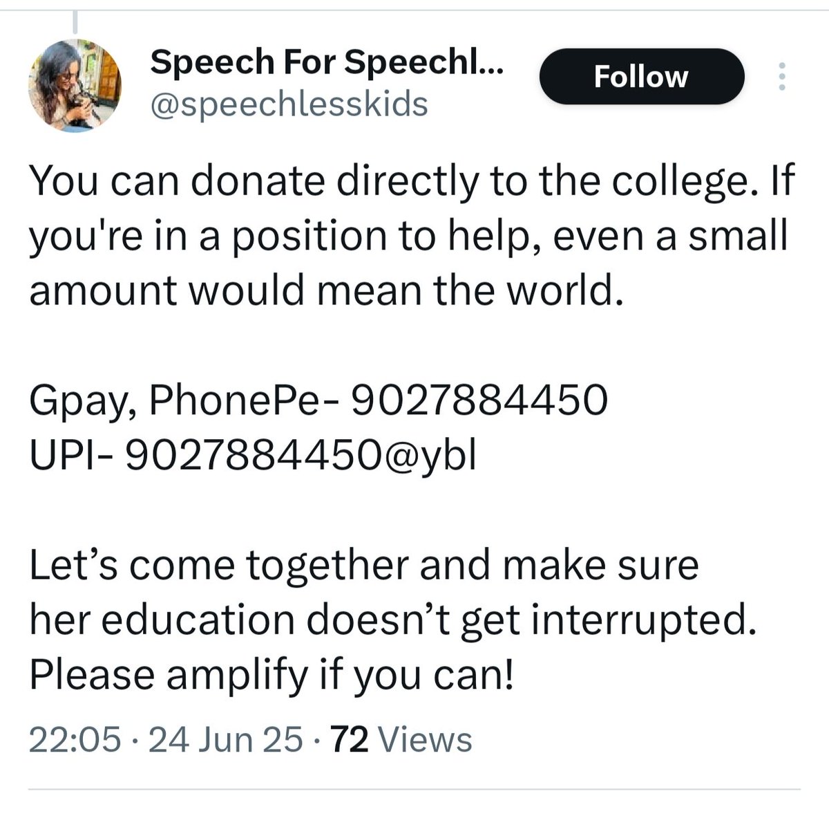Sabita Chanda (@itsmesabita) on Twitter photo Another "verified" fake fund request from <a href="/speechlesskids/">Speech For Speechless 🐾 (Divyanshi Singh Rathore)</a>
Scammer UPI details
GPay: 9027884450
UPI ID: 9027884450@ybl
How many fake fund appeals do they need to post before it's considered worth your attention <a href="/UKCyberPolice/">Cyber Crime Police Station, Uttarakhand</a> ?
x.com/speechlesskids… Another "verified" fake fund request from <a href="/speechlesskids/">Speech For Speechless 🐾 (Divyanshi Singh Rathore)</a>
Scammer UPI details
GPay: 9027884450
UPI ID: 9027884450@ybl
How many fake fund appeals do they need to post before it's considered worth your attention <a href="/UKCyberPolice/">Cyber Crime Police Station, Uttarakhand</a> ?
x.com/speechlesskids…