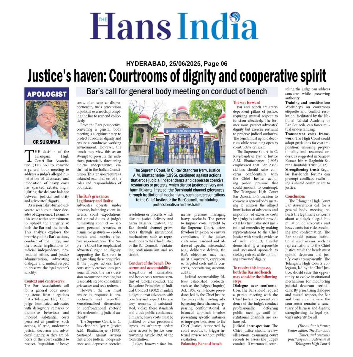 cr_sukumar's tweet photo. Here is my opinion page article on an unusual move of a #Bar Association (#Telangana @high_assn93719) to hold a general body meeting on the conduct of #Bench and address a judge's alleged humiliation of advocates &amp; imposing substantial costs, perceived as punitive. https://t.co/7DHc1FpeHg