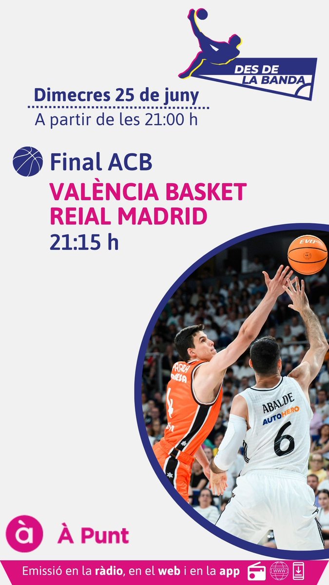 ร Punt Esports (@apuntesports) on Twitter photo ๐ Viu l'esport valenciร en #DesDeLaBanda
โฐ Hui, des de les 21:00 hores, tercer partit de la final de la Lliga <a href="/ACBCOM/">Liga Endesa</a>
<a href="/valenciabasket/">Valencia Basket Club</a>๐<a href="/RMBaloncesto/">Real Madrid Basket</a>
๐ฃ๏ธ <a href="/samuelborja/">Samuel Borja</a>
๐จ๏ธ <a href="/nacho_rod11/">NachoRod11</a>
๐๏ธ <a href="/JordiSanchiss/">Jordi Sanchis ๐โฝ๏ธ๐๐พ๐คพโโ๏ธ๐๐โณ๏ธ</a>
El desenllaรง dels #PlayoffLigaEndesa, en ร Punt Rร dio๐ป๐ป๐ฒ ๐ Viu l'esport valenciร en #DesDeLaBanda
โฐ Hui, des de les 21:00 hores, tercer partit de la final de la Lliga <a href="/ACBCOM/">Liga Endesa</a>
<a href="/valenciabasket/">Valencia Basket Club</a>๐<a href="/RMBaloncesto/">Real Madrid Basket</a>
๐ฃ๏ธ <a href="/samuelborja/">Samuel Borja</a>
๐จ๏ธ <a href="/nacho_rod11/">NachoRod11</a>
๐๏ธ <a href="/JordiSanchiss/">Jordi Sanchis ๐โฝ๏ธ๐๐พ๐คพโโ๏ธ๐๐โณ๏ธ</a>
El desenllaรง dels #PlayoffLigaEndesa, en ร Punt Rร dio๐ป๐ป๐ฒ
