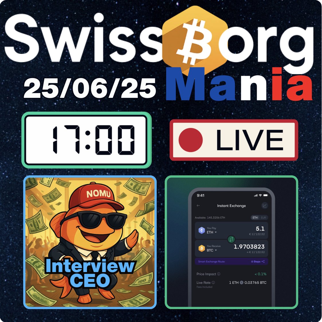 SwissBorgMania's tweet photo. 🚨17h00 ce soir !! On Refait le PowWow en direct
L'actualité de l'écosystème @SwissBorg 💚 avec en exclu la présence du fondateur d'@EatwithNomu 🐡🧡

✅ https://t.co/uIhVcxPGfH

#WAGEW #WeAreSwissBorg #NOMU https://t.co/hqHLEwimVP