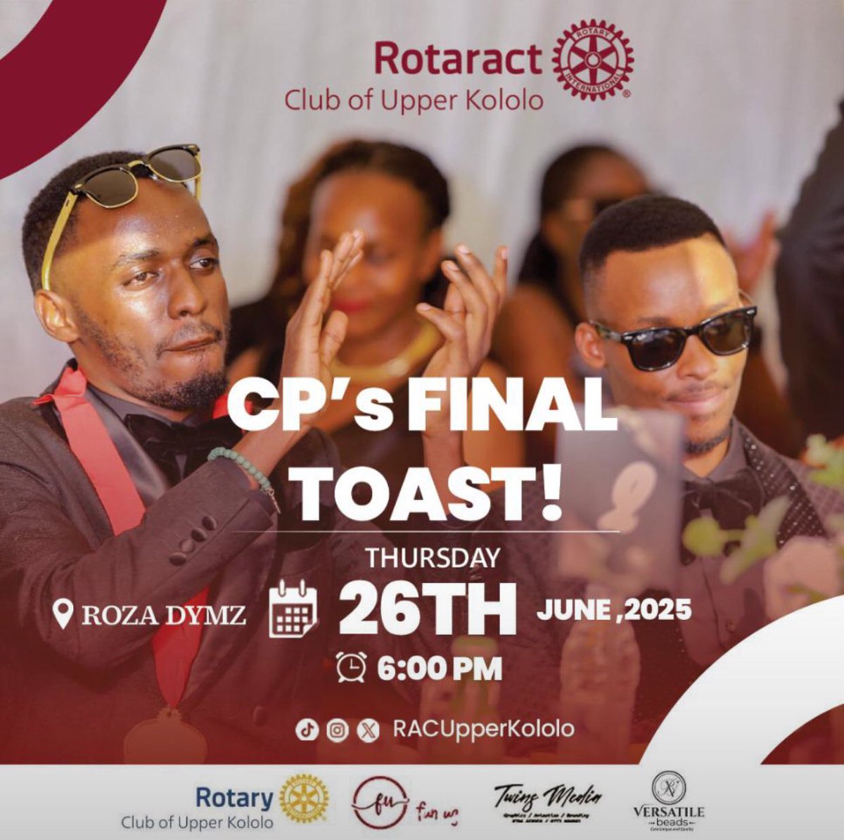 Rotaract Club of Upper Kololo (@racupperkololo) on Twitter photo *The Final Bow! The Last Bell! π The Final Toast!*
Join us as our Charter President <a href="/cedric_mihigo/">Cedric Mihigo</a> officially handsover and raises one last toast to a year of purpose, passion, and pure Rotaract fire! π₯
π
*Thursday, 26th June 2025
π 6:00 PM | π Rozadymz
Letβs light up *The Final Bow! The Last Bell! π The Final Toast!*
Join us as our Charter President <a href="/cedric_mihigo/">Cedric Mihigo</a> officially handsover and raises one last toast to a year of purpose, passion, and pure Rotaract fire! π₯
π
*Thursday, 26th June 2025
π 6:00 PM | π Rozadymz
Letβs light up