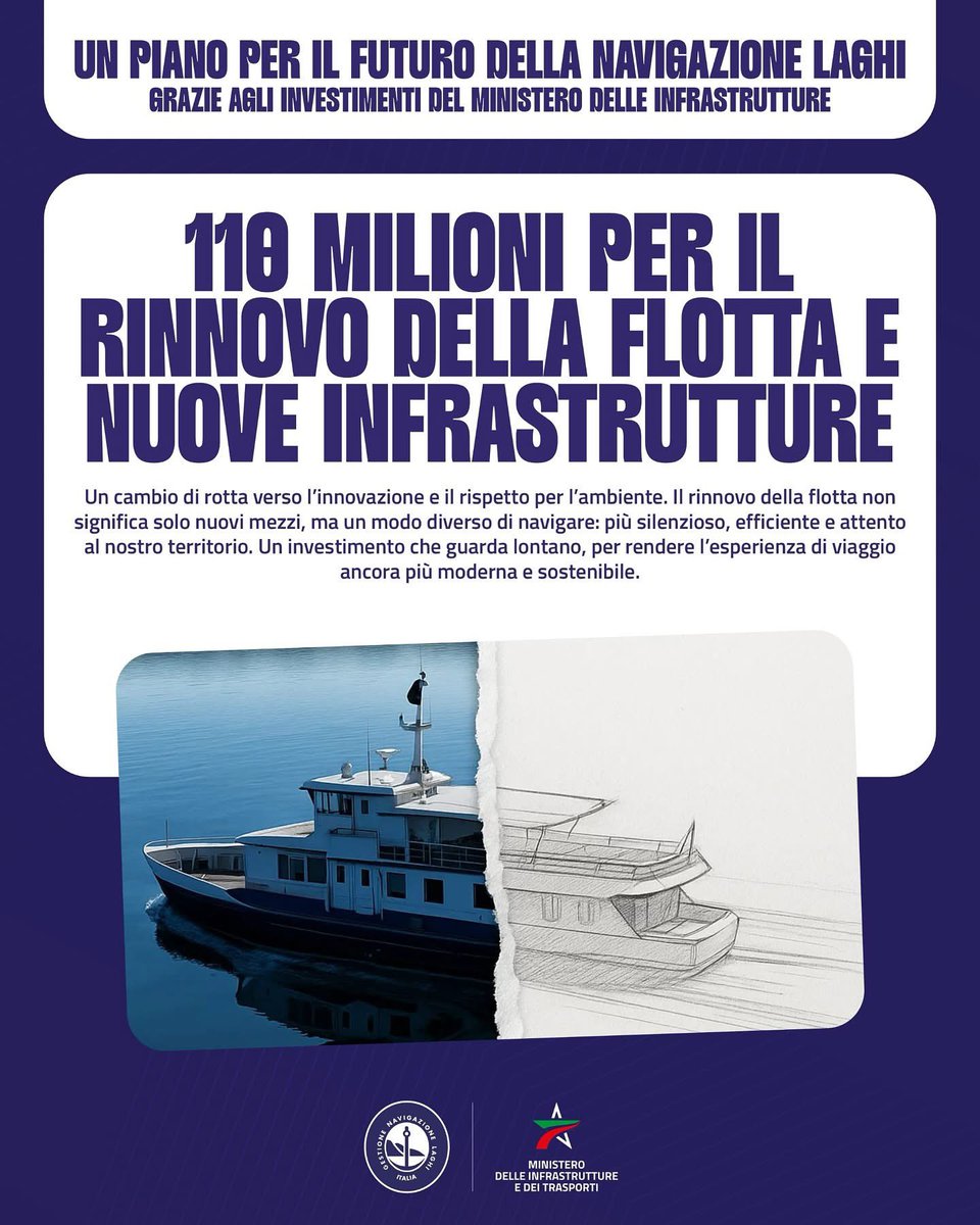 🚤 Un grande investimento per il futuro della Navigazione Laghi!

Grazie al supporto del Ministero delle Infrastrutture, stiamo destinando 110 milioni di euro al rinnovo della flotta e allo sviluppo di nuove infrastrutture.

👉 L’innovazione parte da qui.