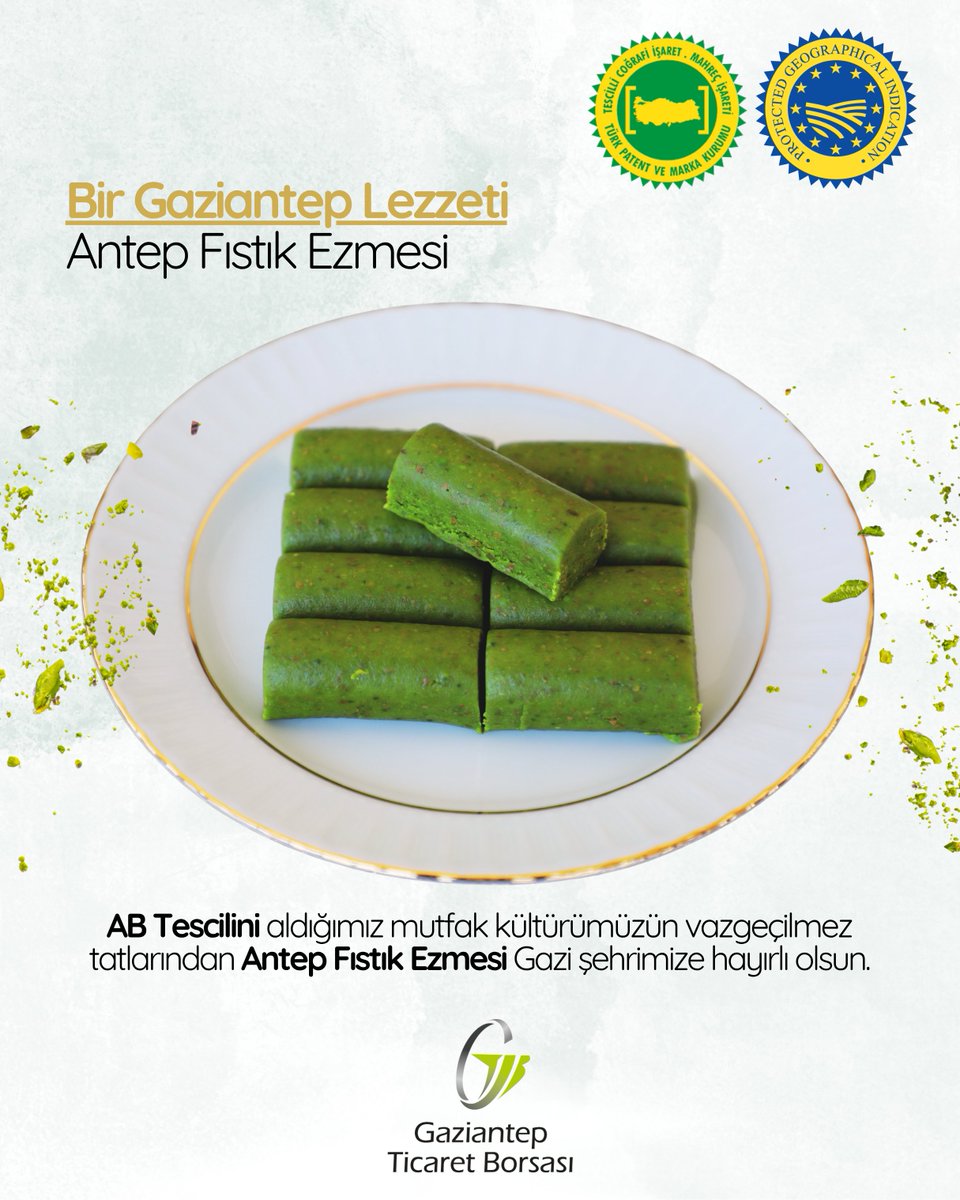 Antep Fıstığının ana vatanı Gaziantep’ten doğan, maharetli ellerde şekillenen ve geleneksel yöntemlerle lezzet bulan Antep Fıstık Ezmemiz, artık Avrupa’da da tescilli bir değer!

Gaziantep Ticaret Borsası olarak yürüttüğümüz titiz çalışmalar sonucunda, bu eşsiz lezzetimiz Avrupa